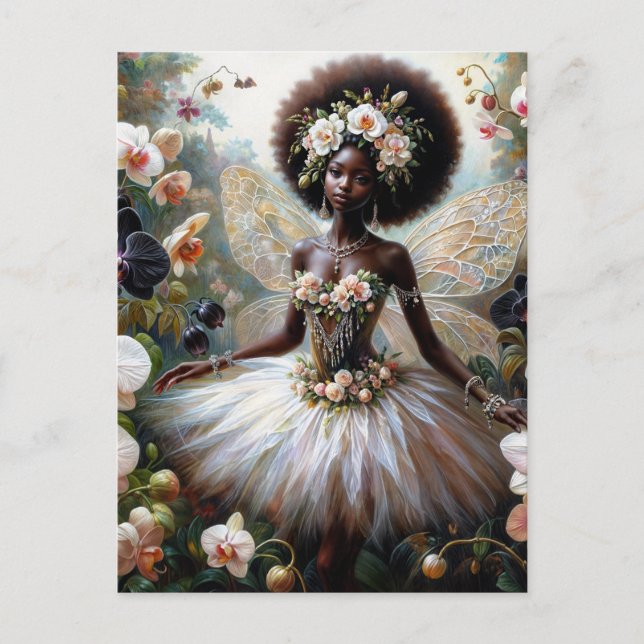 Svart flicka orkidé älva med afro vykort (Framsida)