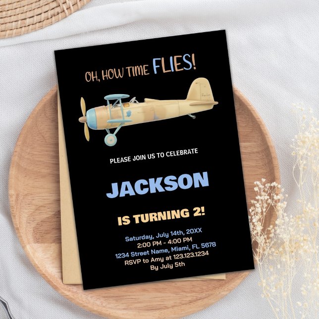 Svart flygplansinbjudan på födelsedagen inbjudningar (Black Airplane Birthday Invitations)
