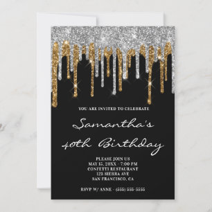 Svart födelsedag i Sparkly Silver Guld Glitter Inbjudningar