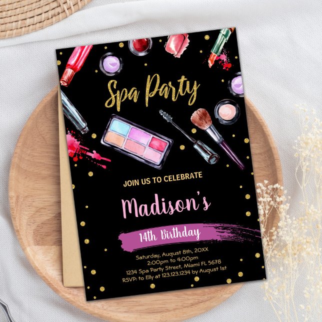 Svart födelsedagsinbjudan till Glitter Inbjudningar (Black Glitter Spa Birthday Invitations)