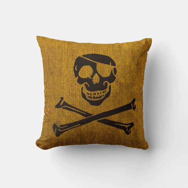 Svart för gult för piratskalle lantlig kudde (Framsida)