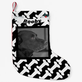 Svart för julhundfoto & gulligt vitbennamn liten julstrumpa