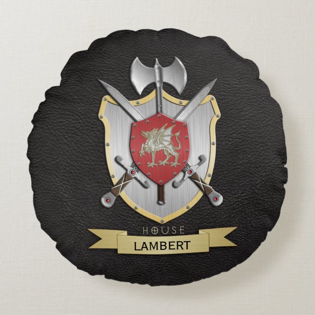 Svart för vapensköld för drakeSigil strid Rund Kudde (Framsidan)