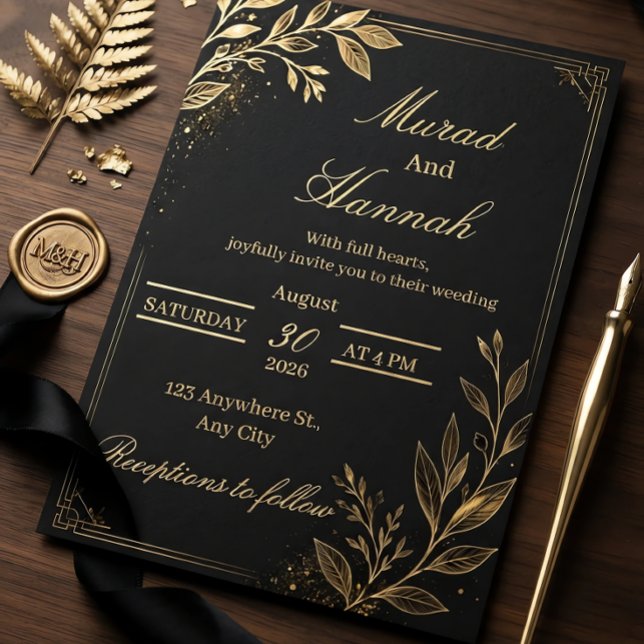 Svart Formell Bröllopsinbjudan | Elegant Guld Inbjudningar (Skapare uppladdad)