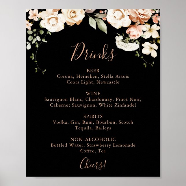 Svart formellt Royal Blommigt Bröllop Drinks Menu  Poster (Framsidan)