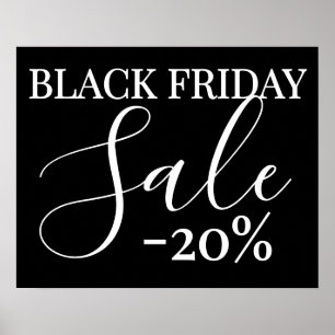 Svart försäljningsskylt i Fredag, 20 % rabatt på d Poster