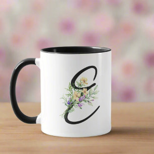 Svart första skript "E" vattenfärgsblommor Girly Mugg
