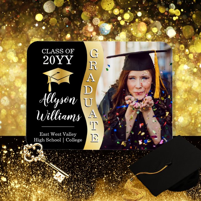 Svart | Foto av Wave Grad Cap från Guld Student Magnet (Black and Gold Tone Graduate Wave Grad Cap Photo Magnet)