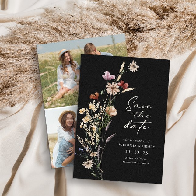 Svart Foto Boho Spara Datum Platt Kort (Black Wildflowers Photo Boho Save The Date Flat Card by Painted Paperie
)