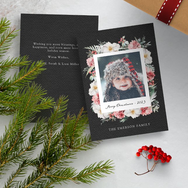 Svart Foto Botanisk Julkort (Black Merry Christmas Photo Holiday Card with Elegant Watercolor Botanical Florals Berries)
