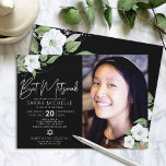 Svart Foto Fladdermus Mitzvah Silver Blommig Akvar Inbjudningar<br><div class="desc">Var stolt, gläd dig och visa upp denna milstolpe för din favorit Bat Mitzvah med denna sofistikerade, personliga fotoinbjudan! En chic, fantastisk, vit och falskt silver glitter floralt vattenfärg, falskt silverfolie skript typografi och vit sans serif-typ överlagrar en dramatisk svart bakgrund på vänster sida, ditt personliga foto till höger. Ytterligare...</div>