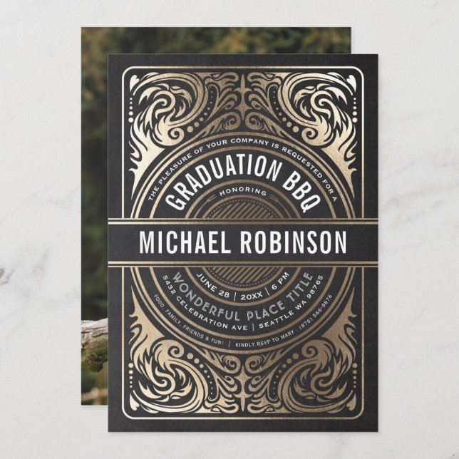 Svart foto för guldfärgad studentfest inbjudningar (Fram/baksida)