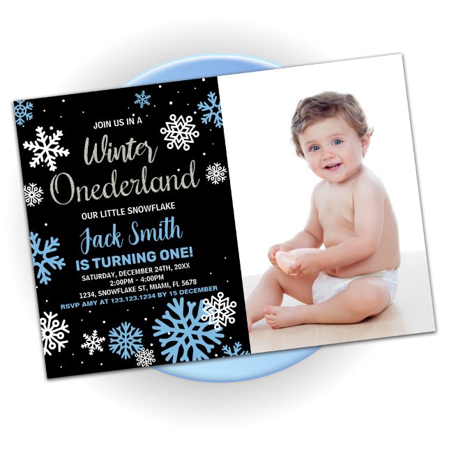 Svart foto för kallelse till Winter Onederland på  Inbjudningar (Winter Onederland Birthday Invitations Black Photo)