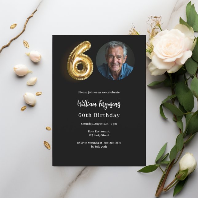 Svart foto i guld 60-årsdagen inbjudningar (Skapare uppladdad)
