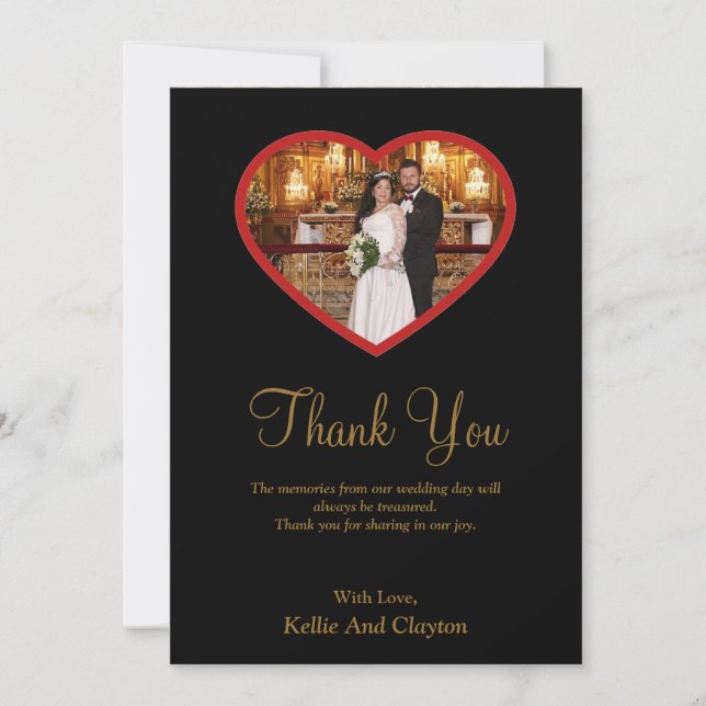 Svart foto innanför ett hjärttackkort tack kort (Framsida)