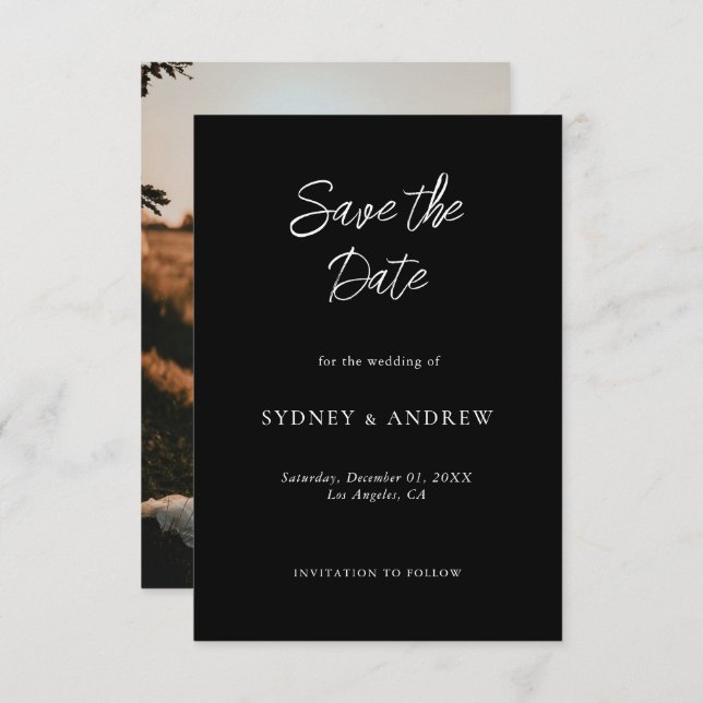 Svart foto med minimalistisk romantisk Chic Spara Datumet (Fram/baksida)