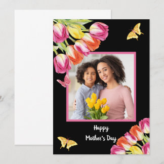 Svart foto-Mor-dag för tulips och butterflies Kort