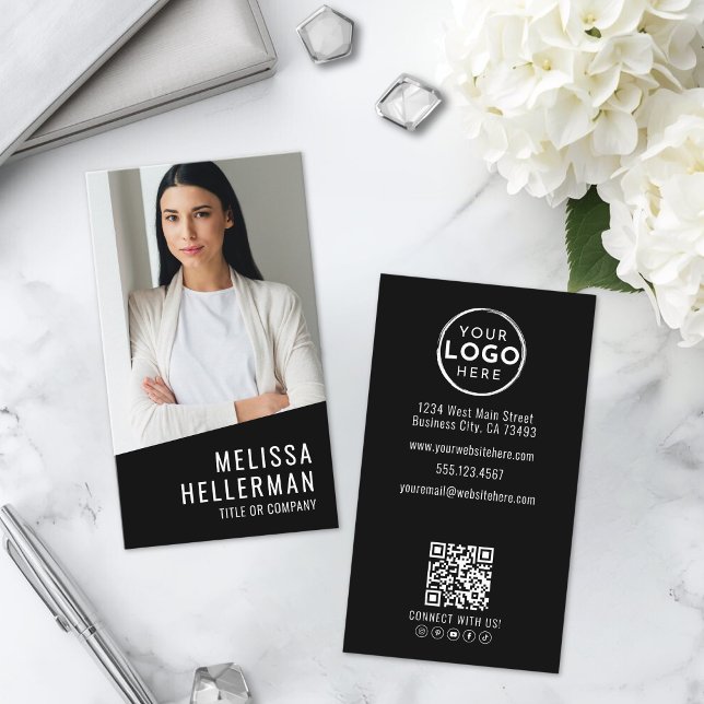 Svart Foto QR-kod Logotyp Vertikal Visitkort (Black Photo QR Code Logo Vertical Business Card )