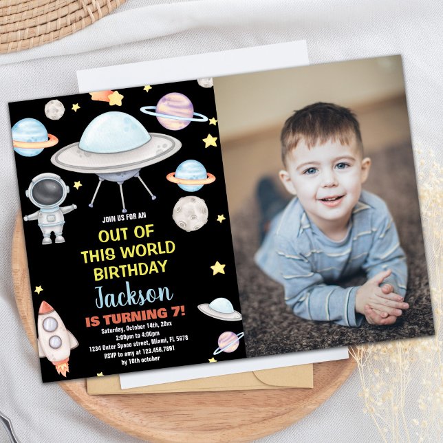 Svart foto Rymden-födelsedagsinbjudan Inbjudningar (Black Photo Outer Space Birthday Invitations)