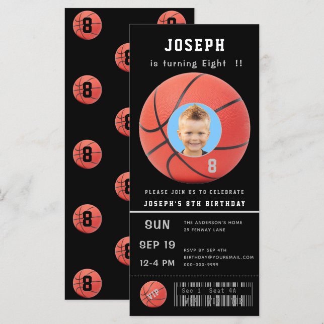 Svart fotobaskeballinbjudan från Biljett på födels (Fram/baksida)