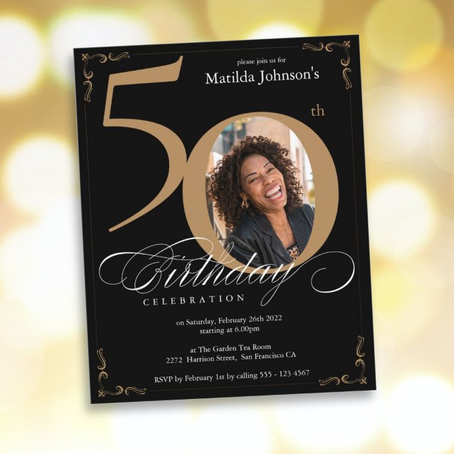Svart fotobudget för Guld 50:e födelsedagsinbjudan (Budget 50th Birthday Black Gold Photo Invitation)