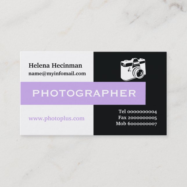 Svart fotograf, vit, lavender öga-fångst visitkort (Framsida)