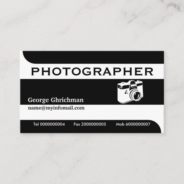 Svart fotografisk kamera, vit öga-fångst visitkort (Framsida)