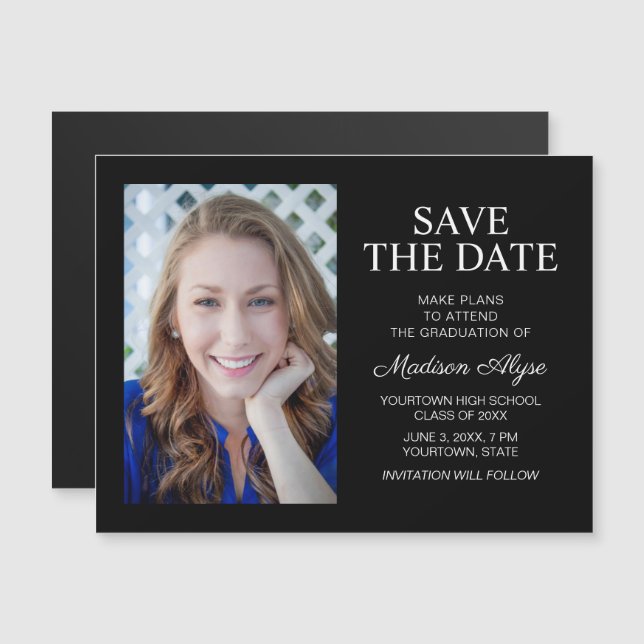 Svart fotoklass av 2022 Studenten Spara-datum (Fram/baksida)