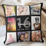Svart fotokollage av anpassningsbar Sweet 16 Kudde<br><div class="desc">En unik gåva till en flickas söt 16-årsdag, som firar hennes liv med en kollage av 8 av dina egna foton, bilder. Anpassa och lägg till hennes namn, 16 år och ett datum. Chicens svarta bakgrund. Grått och vitt brev och nummer. Namn är skrivet med ett modernt handskript i stil....</div>
