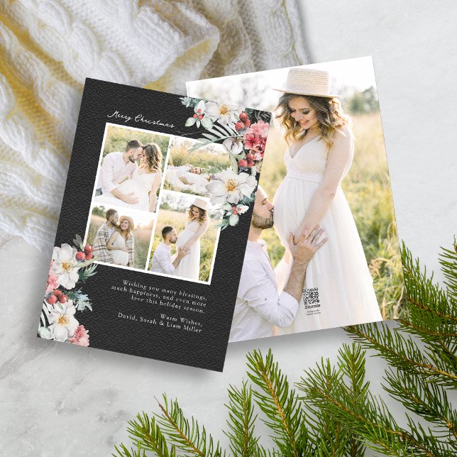 Svart fotokollage Elegant julfirande kort (Elegant Black Holiday Photo Collage Christmas Card Red Berries White Botanicals 5 photos)