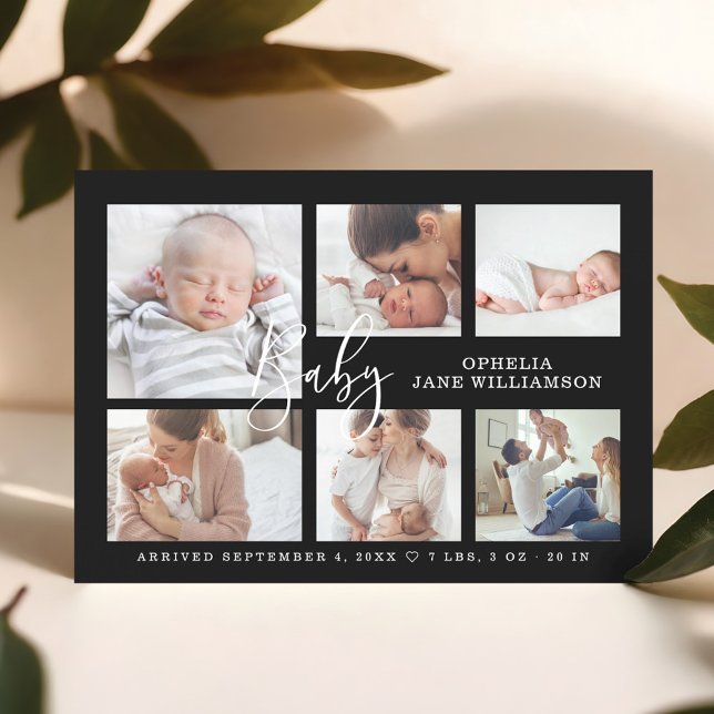 Svart fotokollage i Baby med enkel skript Magnetisk Inbjudningskort (Simple Script Baby Birth Photo Collage Black Magnetic Invitation)