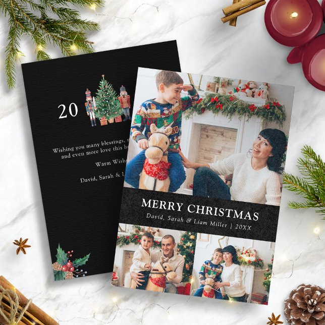 Svart fotokollage julkort (Nutcracker Black Photo Collage Holiday Card)