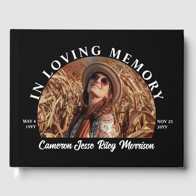 Svart fotopatchad text i halvkant med Måne i lyft- Gästböcker (Framsida)