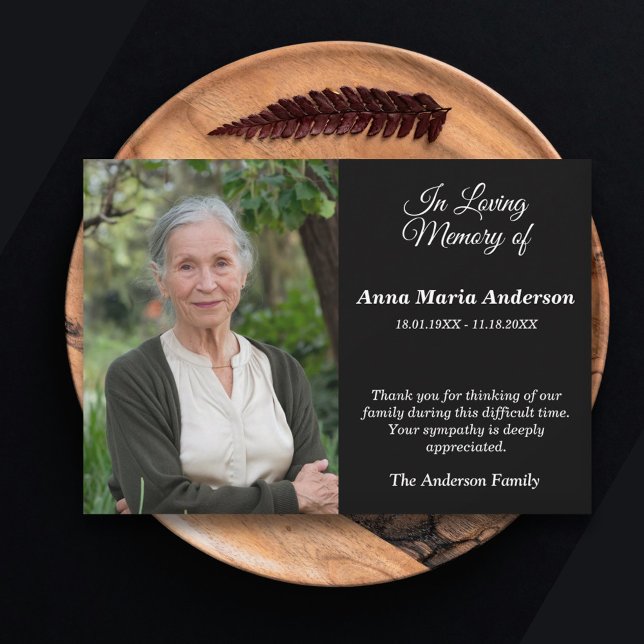 Svart fotosober Funeral Tack-kort Tack Kort (Black Photo Sober Funeral Thank You Card)