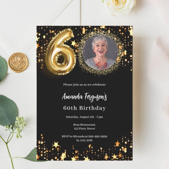 Svart fotostjärnor i guld 60-årsdagen lyxtid inbjudningar (Skapare uppladdad)