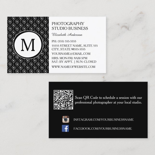 Svart Fotostudio med Monogram Visitkort (Fram/baksida)