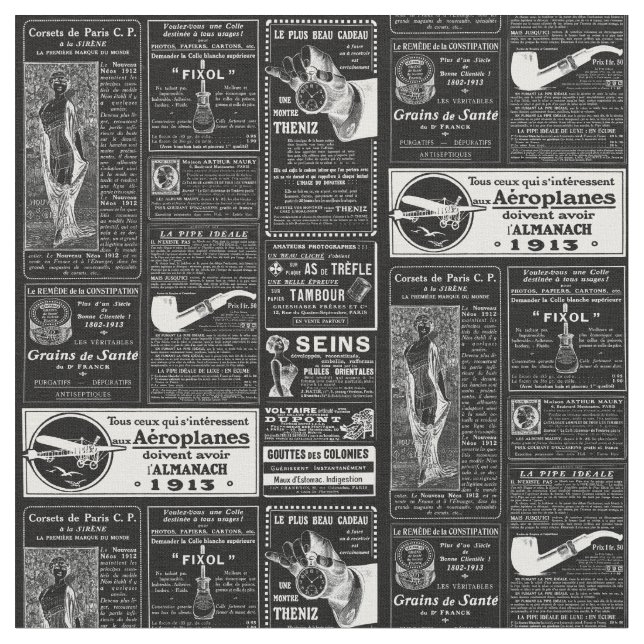 Svart fransk antique tidningseftergift tyg (Närbild)