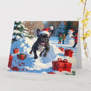 Svart fransk bulldogg jul festlig snöscen kort
