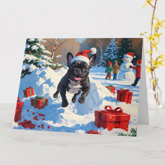 Svart fransk bulldogg jul festlig snöscen kort (Gul blomma)