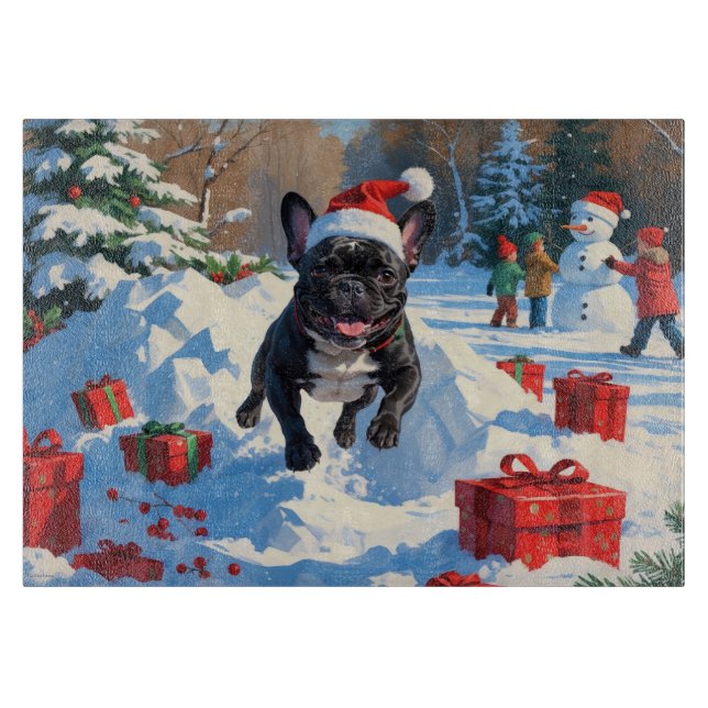 Svart fransk bulldogg julfirande snöscen (Framsidan)