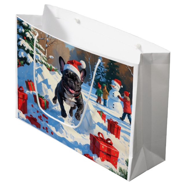 Svart fransk bulldogg julfirande snöscen (Framsidan Vinklad)