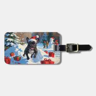 Svart fransk bulldogg julfirande snöscen bagagebricka