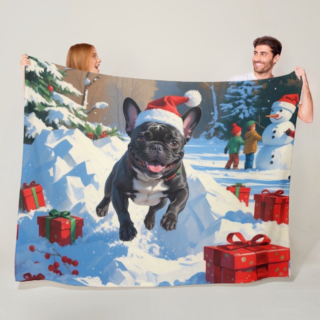 Svart fransk bulldogg julfirande snöscen fleecefilt (På plats)