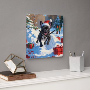 Svart fransk bulldogg julfirande snöscen fyrkantig klocka