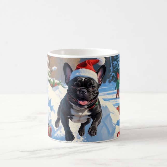 Svart fransk bulldogg julfirande snöscen kaffemugg (Center)