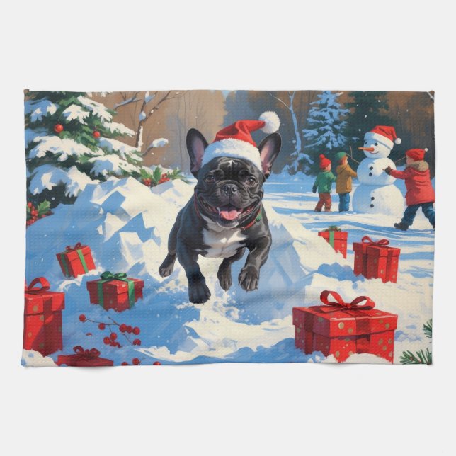 Svart fransk bulldogg julfirande snöscen kökshandduk (Horisontell)