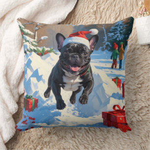Svart fransk bulldogg julfirande snöscen kudde
