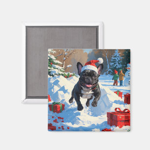 Svart fransk bulldogg julfirande snöscen magnet