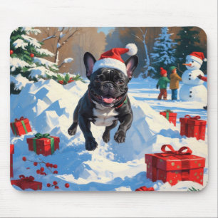 Svart fransk bulldogg julfirande snöscen musmatta