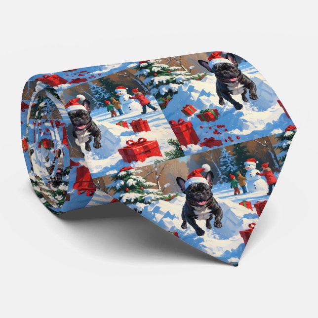 Svart fransk bulldogg julfirande snöscen slips (Rullad)